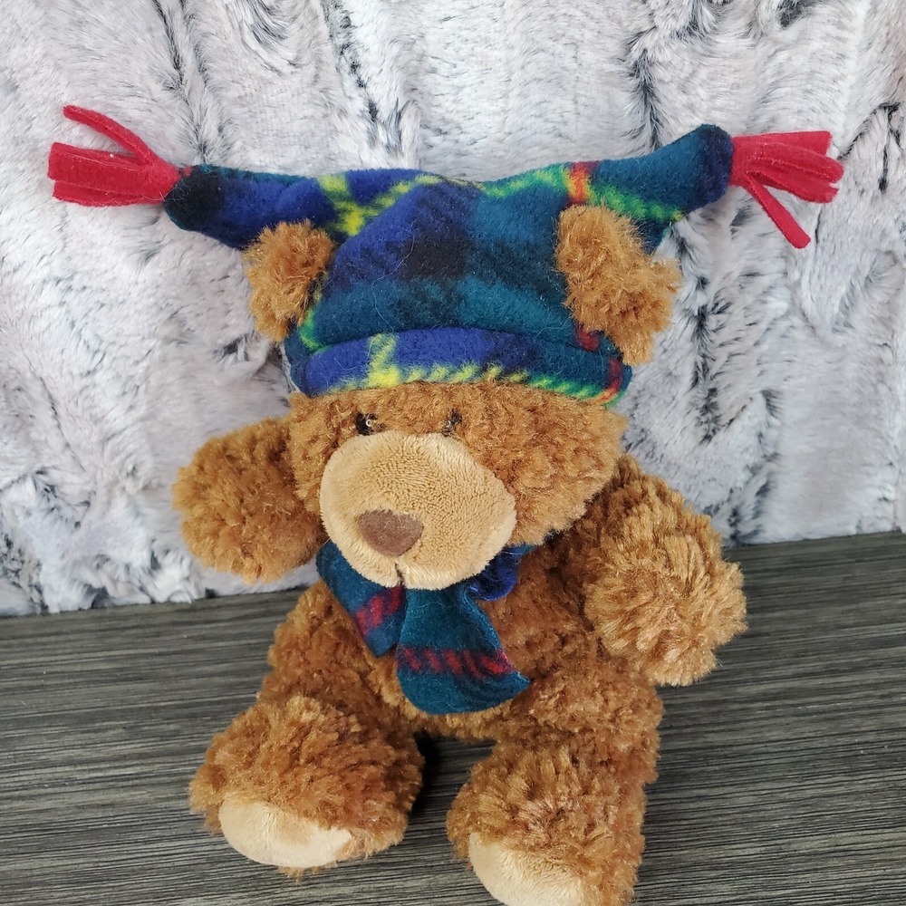Golden Bear Co. 6" Plush Brown Teddy Bear Green Fleece Plaid Hat Scarf Bean Butt
